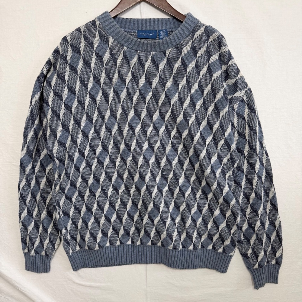 Vintage Towncraft JCPenney Sweater Mens XL Gray Argyle Cotton Blend USA Made